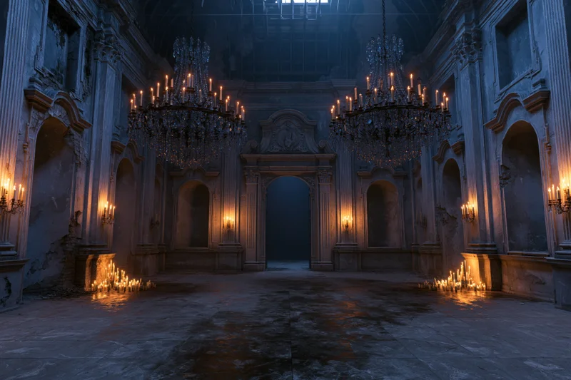 Abandoned baroque ballroom interior with chandeliers and candles lit in decaying grandeur