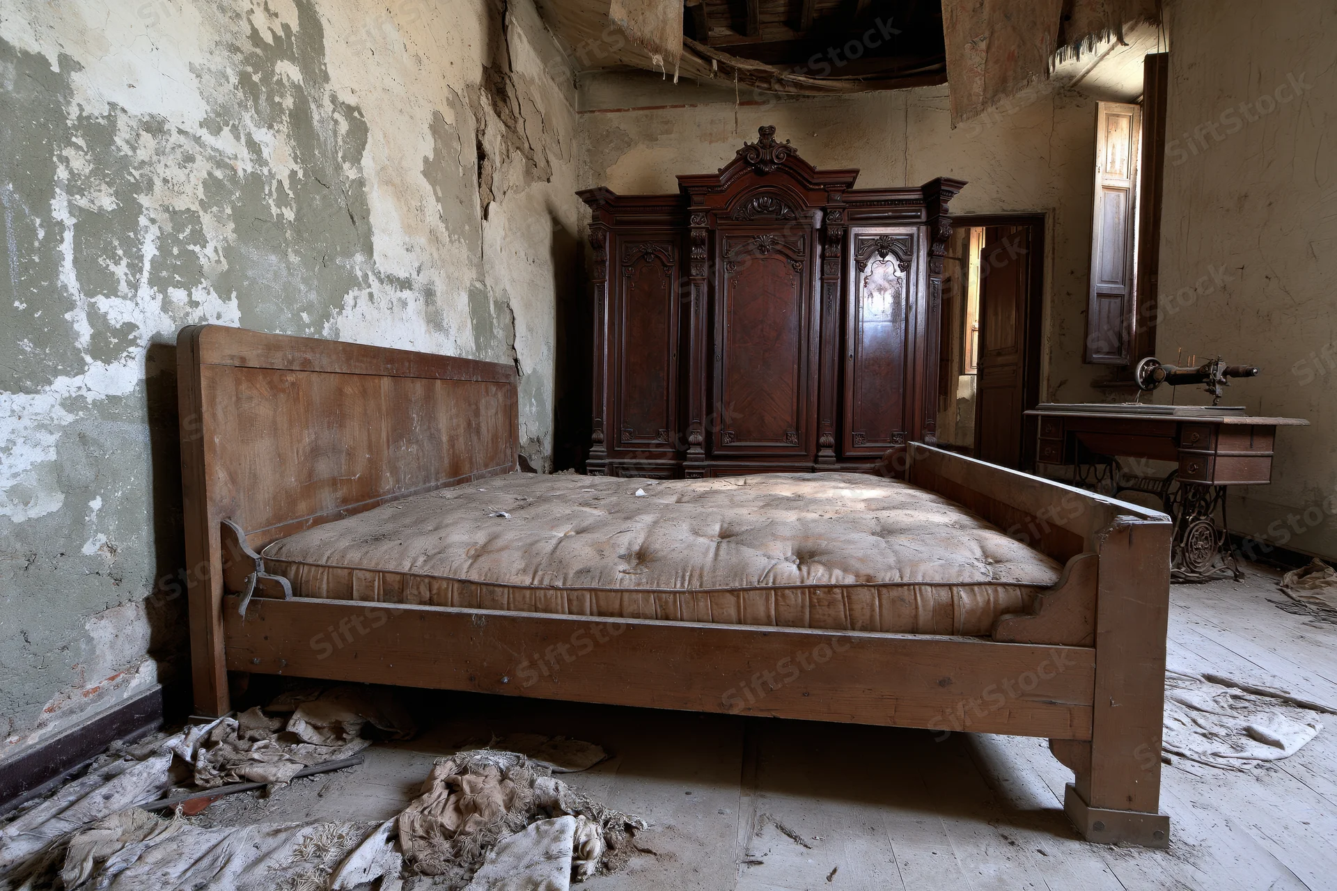 Abandoned bedroom with bare stained mattress on wooden bed, peeling walls, and vintage wardrobe and sewing machine