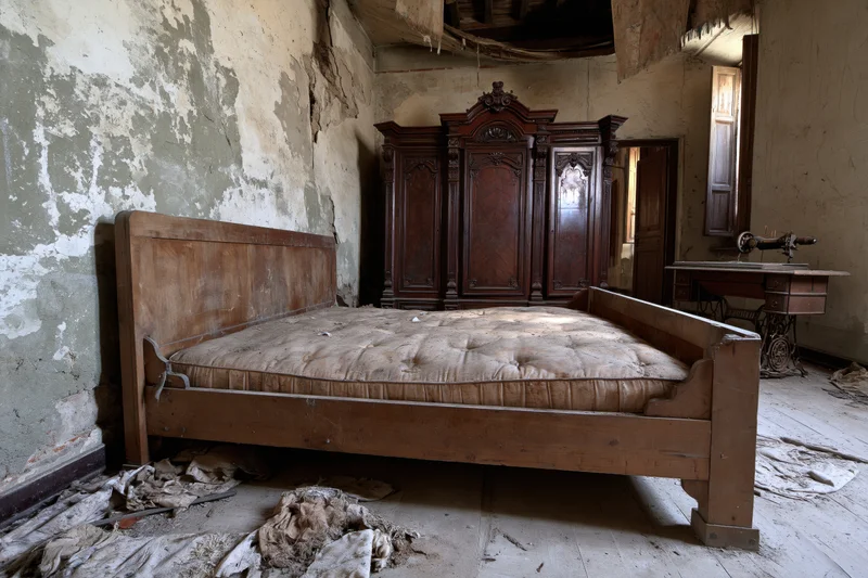 Abandoned bedroom with bare stained mattress on wooden bed, peeling walls, and vintage wardrobe and sewing machine