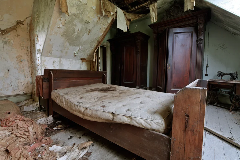 Abandoned bedroom with stained mattress on wooden bed frame and vintage furniture under damaged ceiling