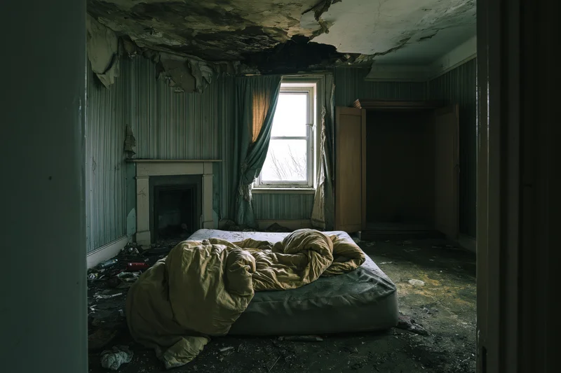Abandoned bedroom with unmade bed and crumbling ceiling viewed from doorway