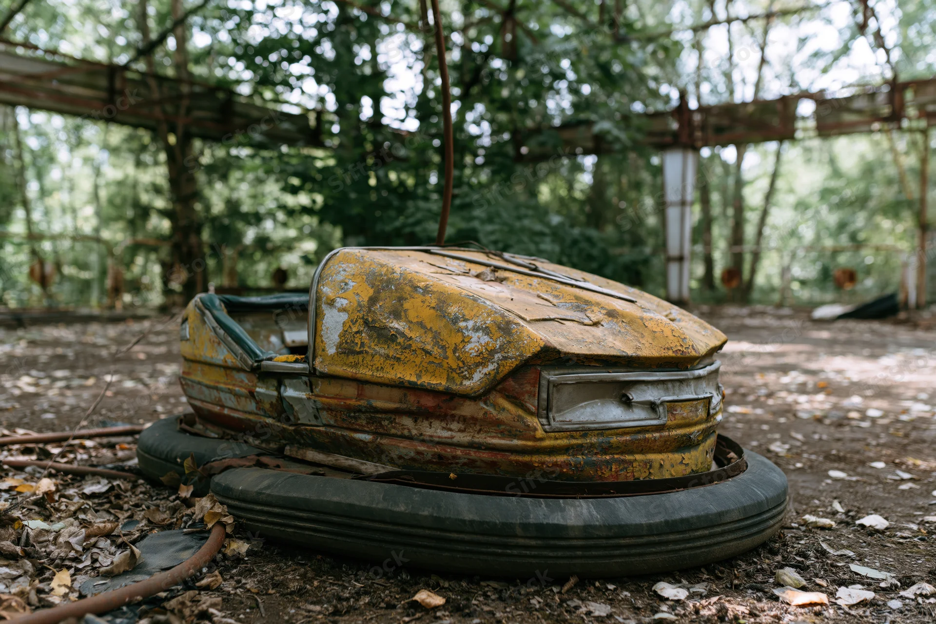 Abandoned bumper car decayed on dirt floor inside overgrown amusement park structure