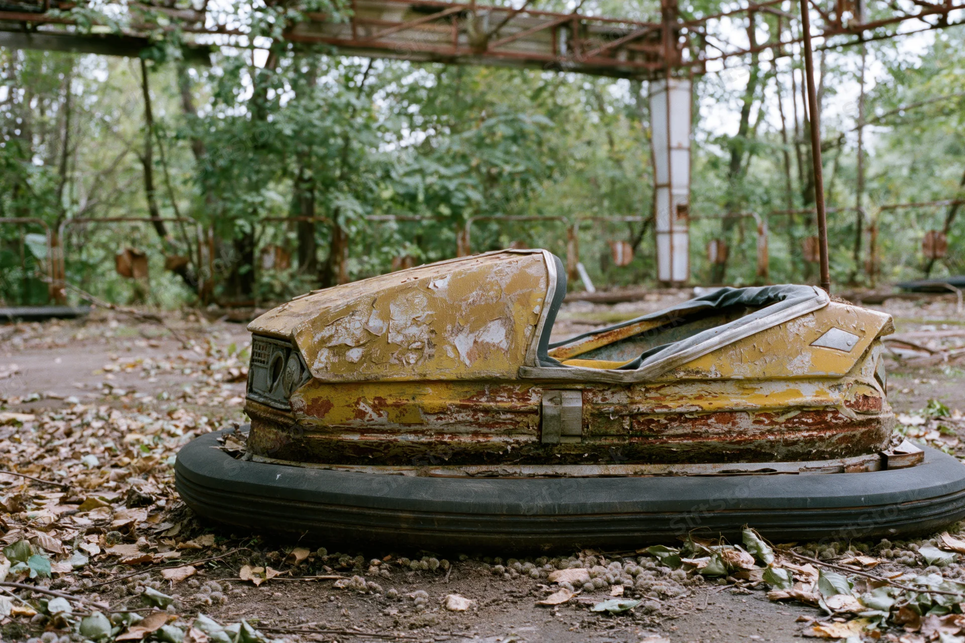 Decayed yellow bumper car resting on dirt floor inside overgrown amusement park structure