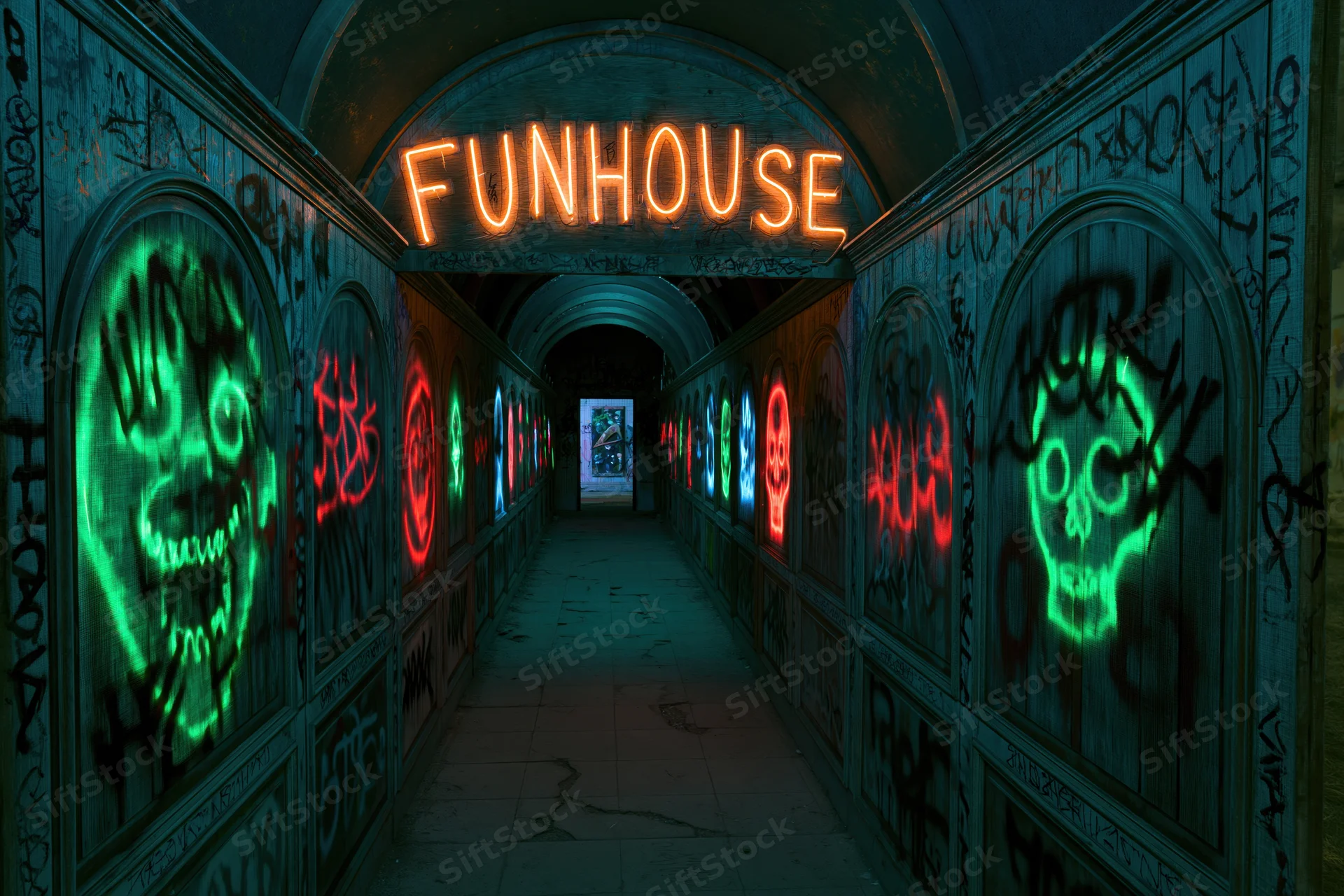 Neon-lit abandoned carnival funhouse corridor with graffiti-covered walls stretching into darkness