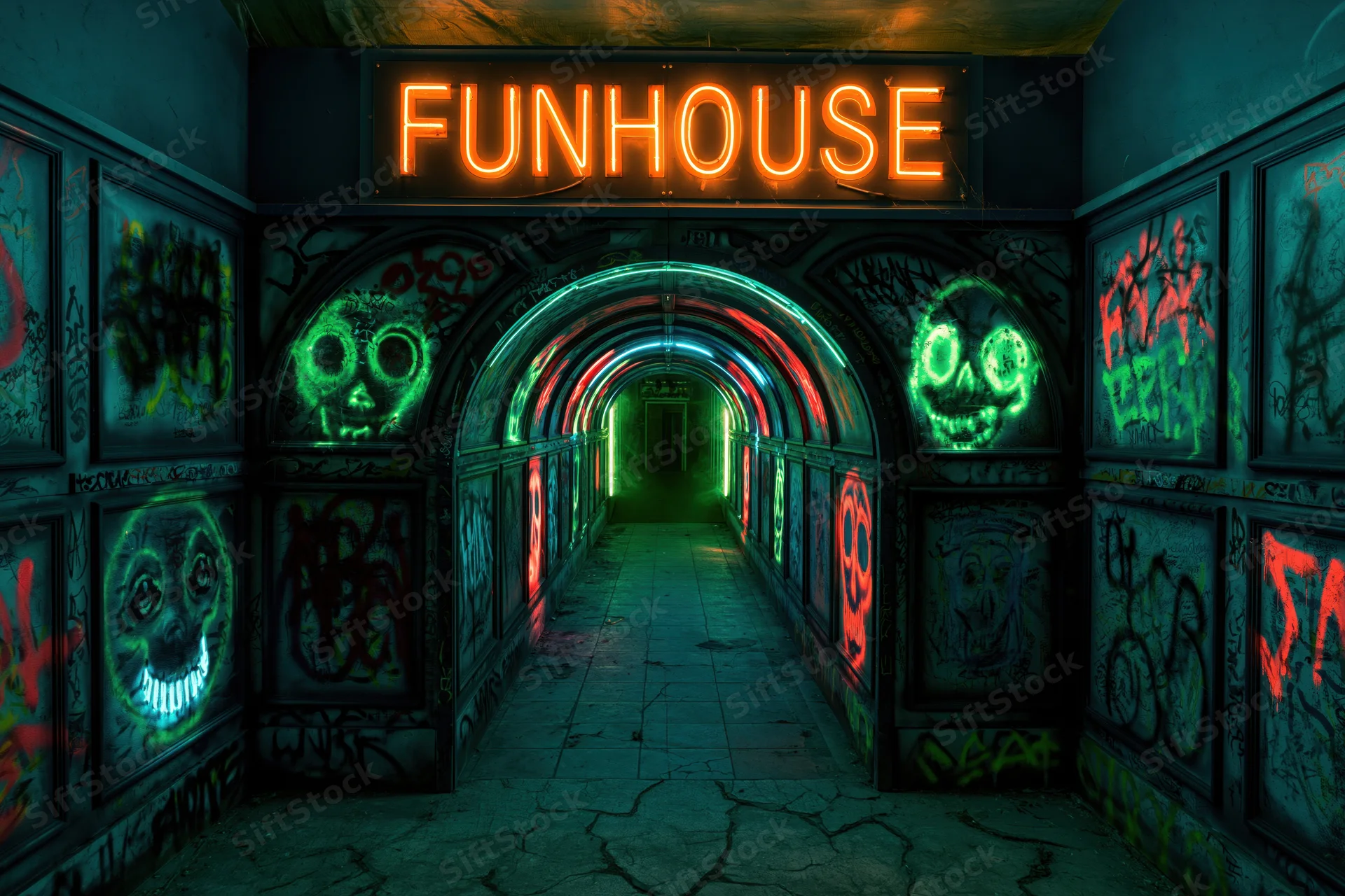 Neon-lit abandoned carnival funhouse corridor with graffiti-covered walls and glowing skulls leading into darkness