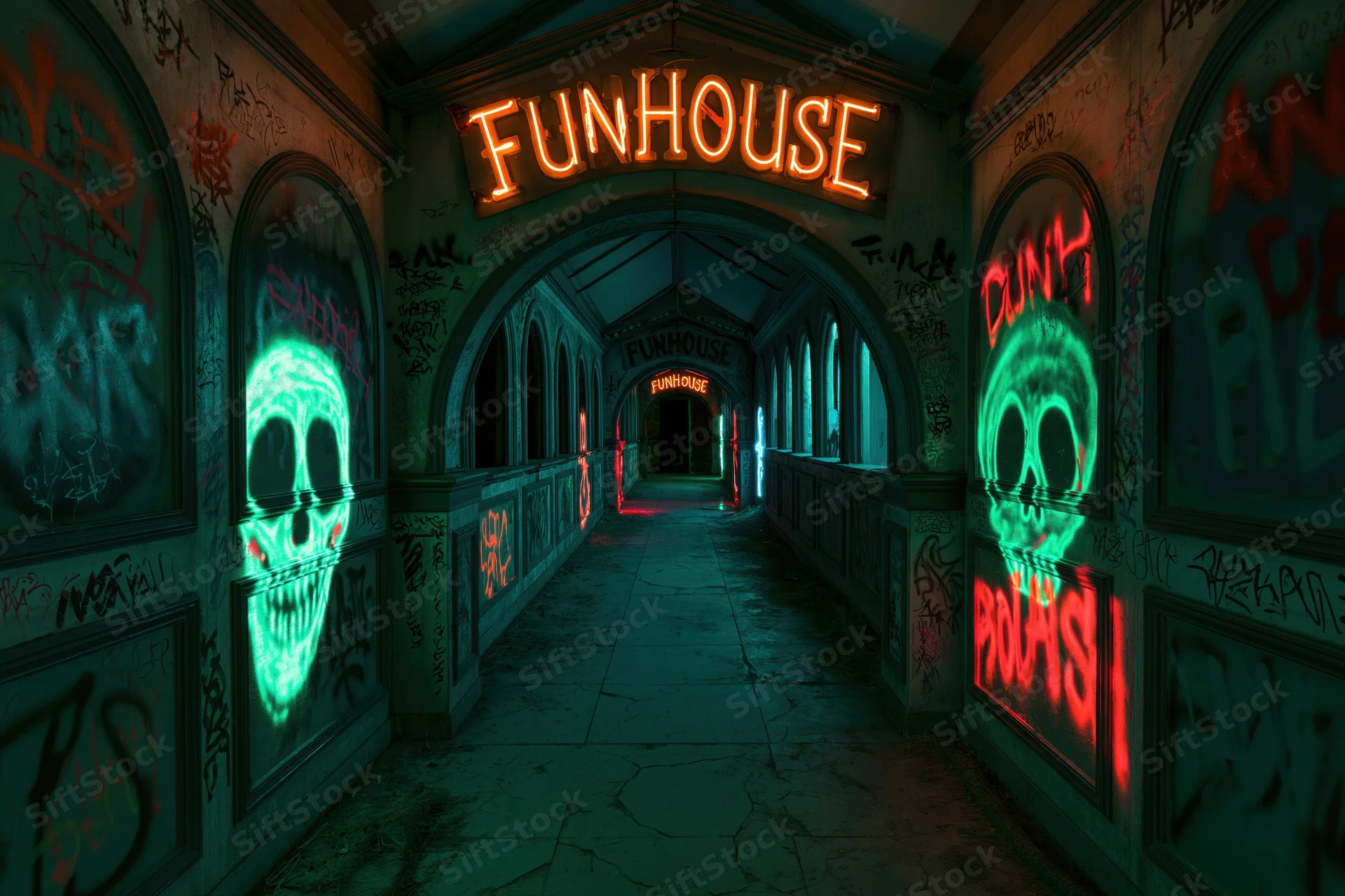 Abandoned carnival funhouse corridor with neon signs and graffiti stretching into darkness