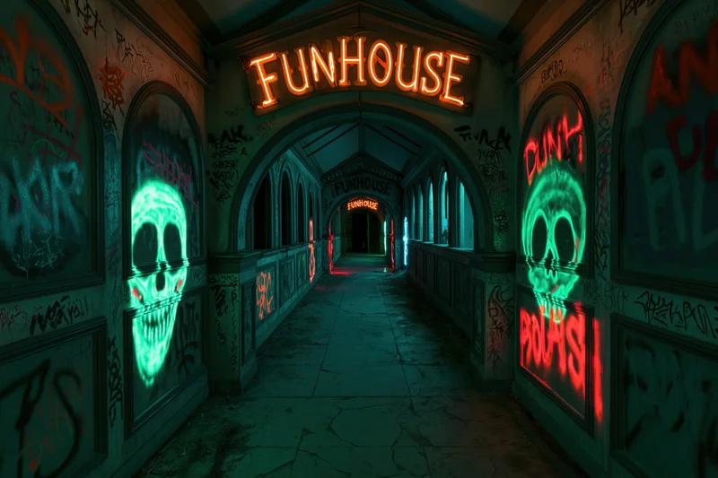 Abandoned carnival funhouse corridor with neon signs and graffiti stretching into darkness