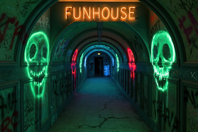 Neon-lit abandoned carnival funhouse corridor with graffiti-covered walls and glowing skulls leading into darkness