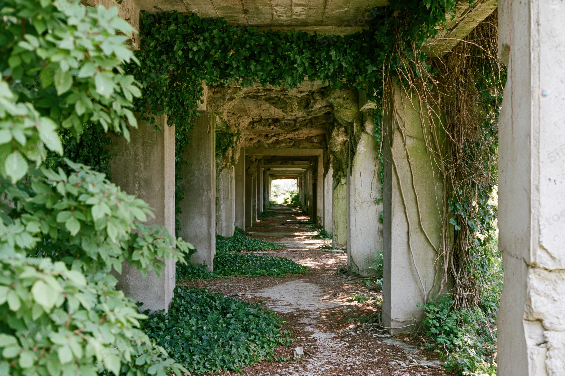 Overgrown concrete corridor receding into the distance with ivy and columns