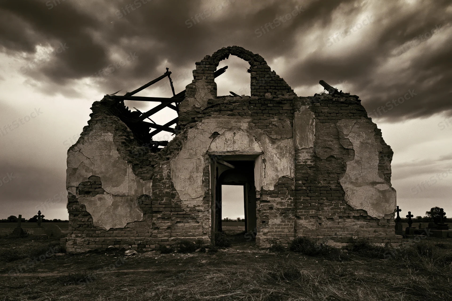 Crumbling stone chapel ruin with collapsed roof and arched doorway in a cemetery under stormy sky