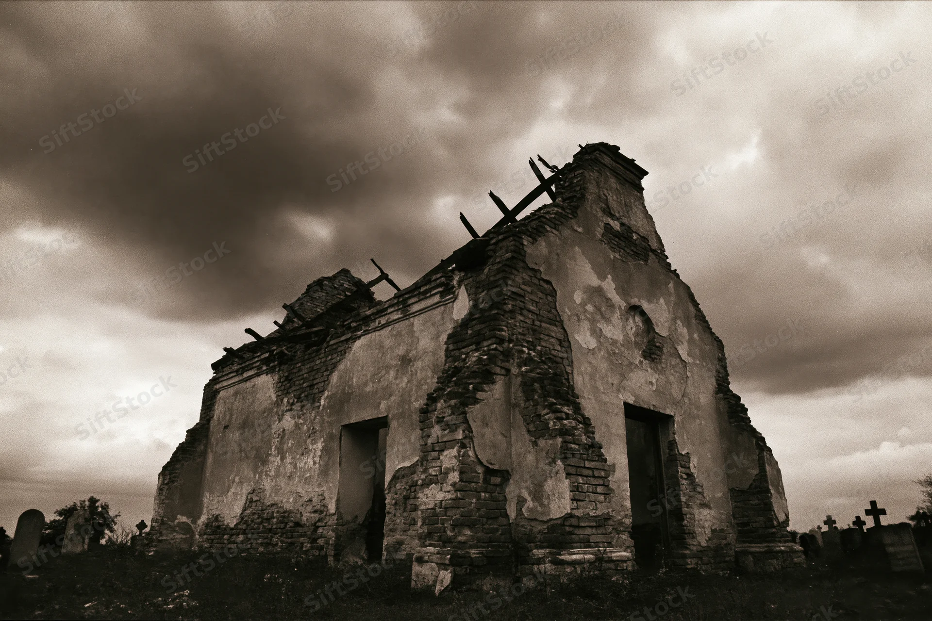 Crumbling stone chapel with collapsed roof under overcast sky in cemetery