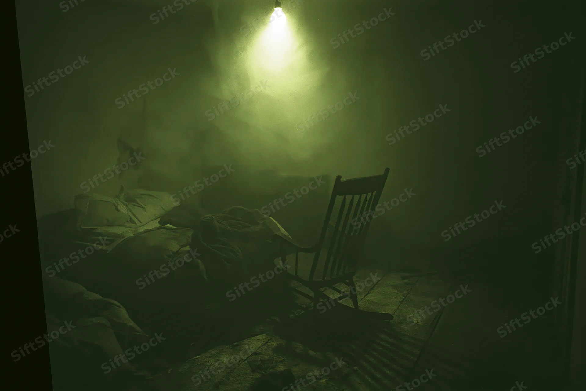 Dimly lit abandoned bedroom with unmade bed and wooden chair under hanging bulb, smoke filling the air