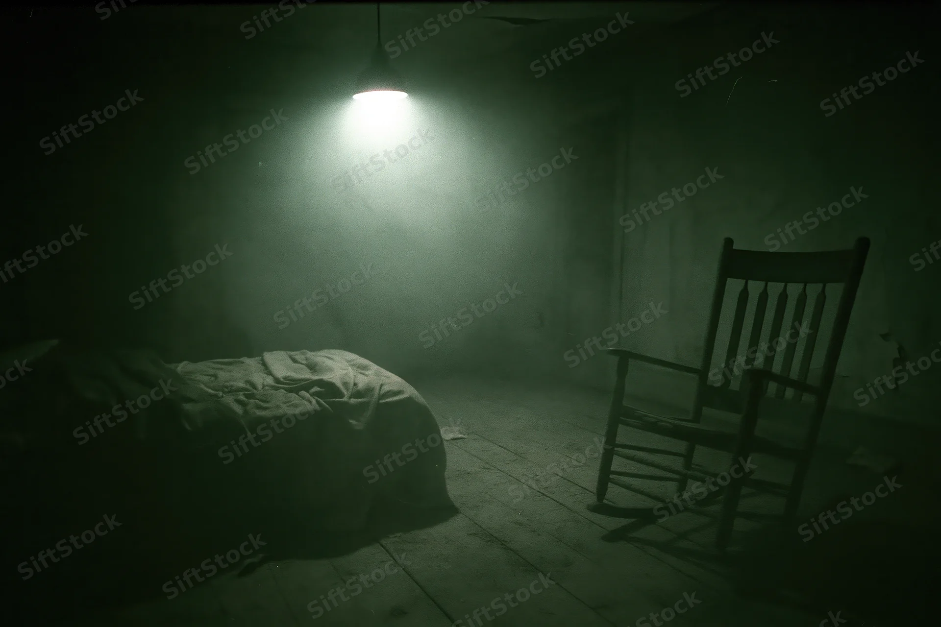 Dimly lit abandoned bedroom with unmade bed and wooden rocking chair under hanging lamp