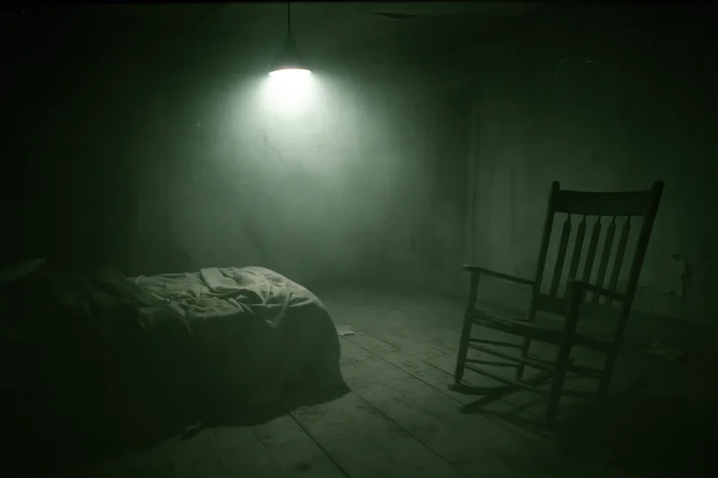 Dimly lit abandoned bedroom with unmade bed and wooden rocking chair under hanging lamp