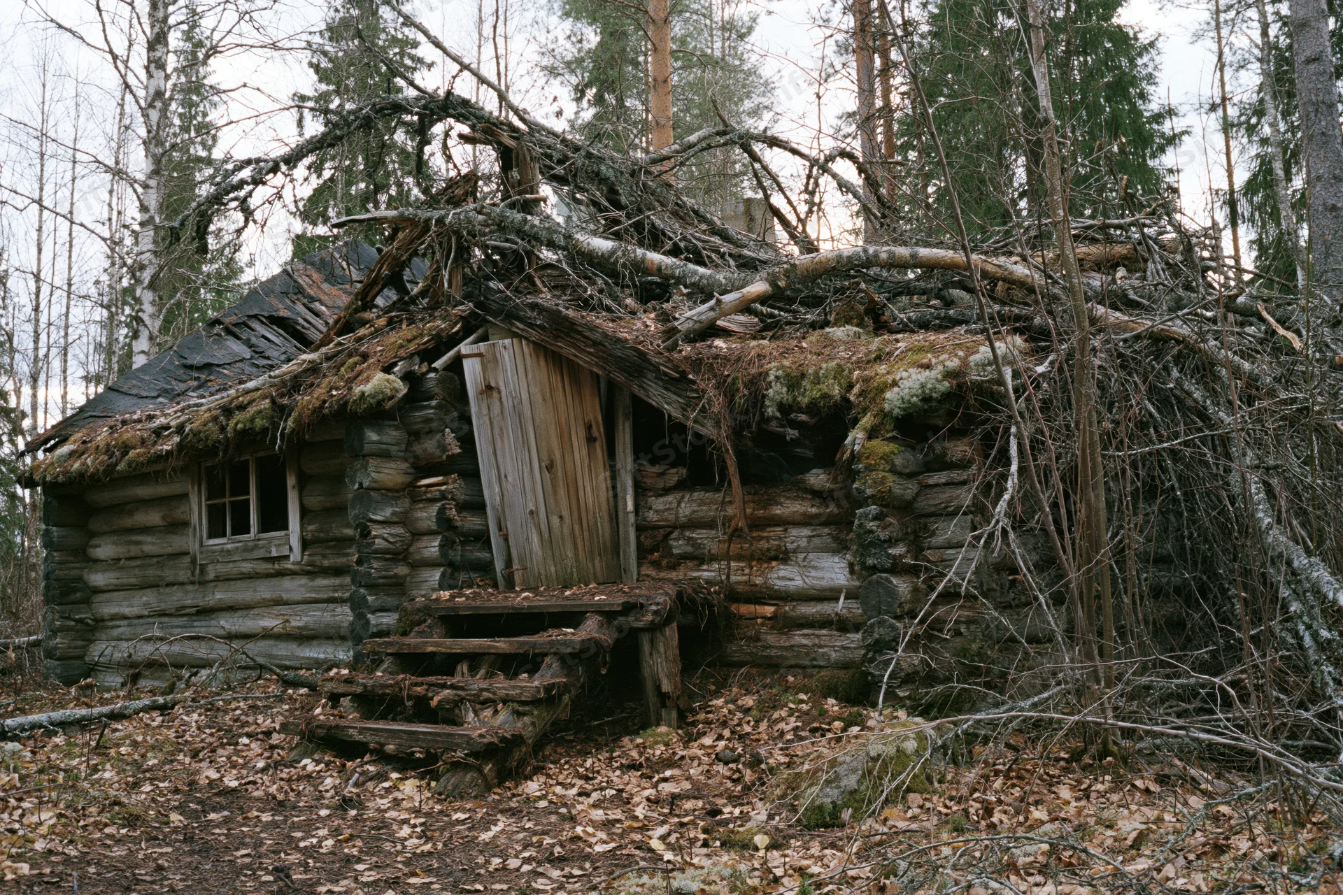 Abandoned log cabin with collapsed roof and fallen branches in a boreal forest