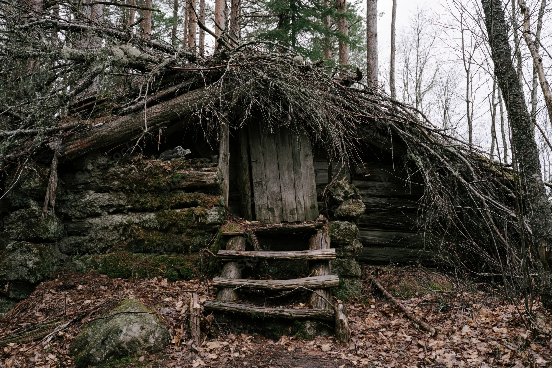 Abandoned log cabin with collapsed roof and overgrown entrance in dense forest