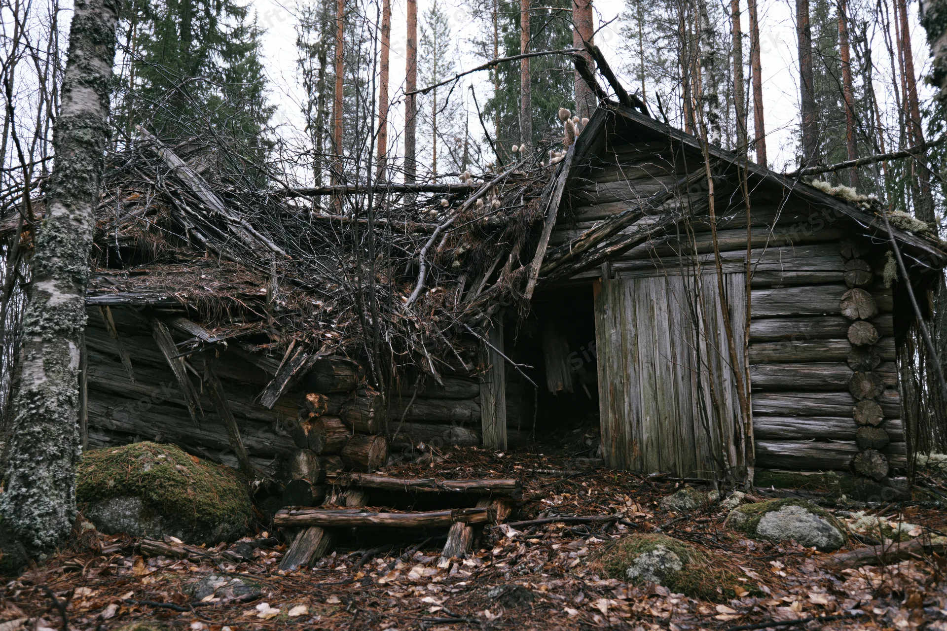 Abandoned log cabin with collapsed roof in a dense boreal forest