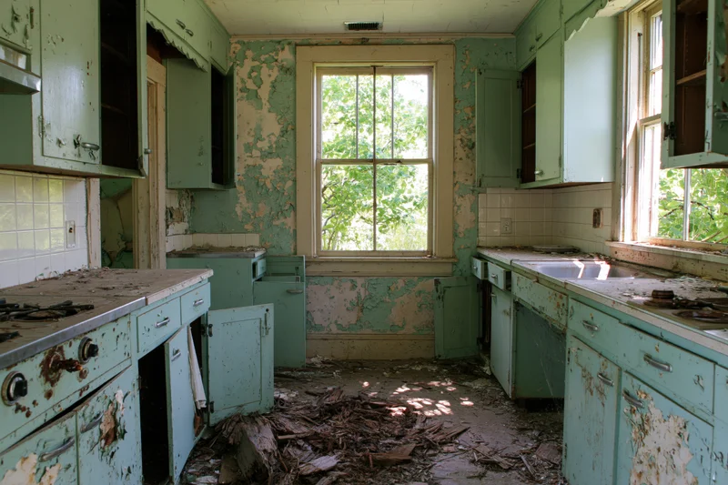 Abandoned farmhouse kitchen interior with peeling paint and debris on the floor