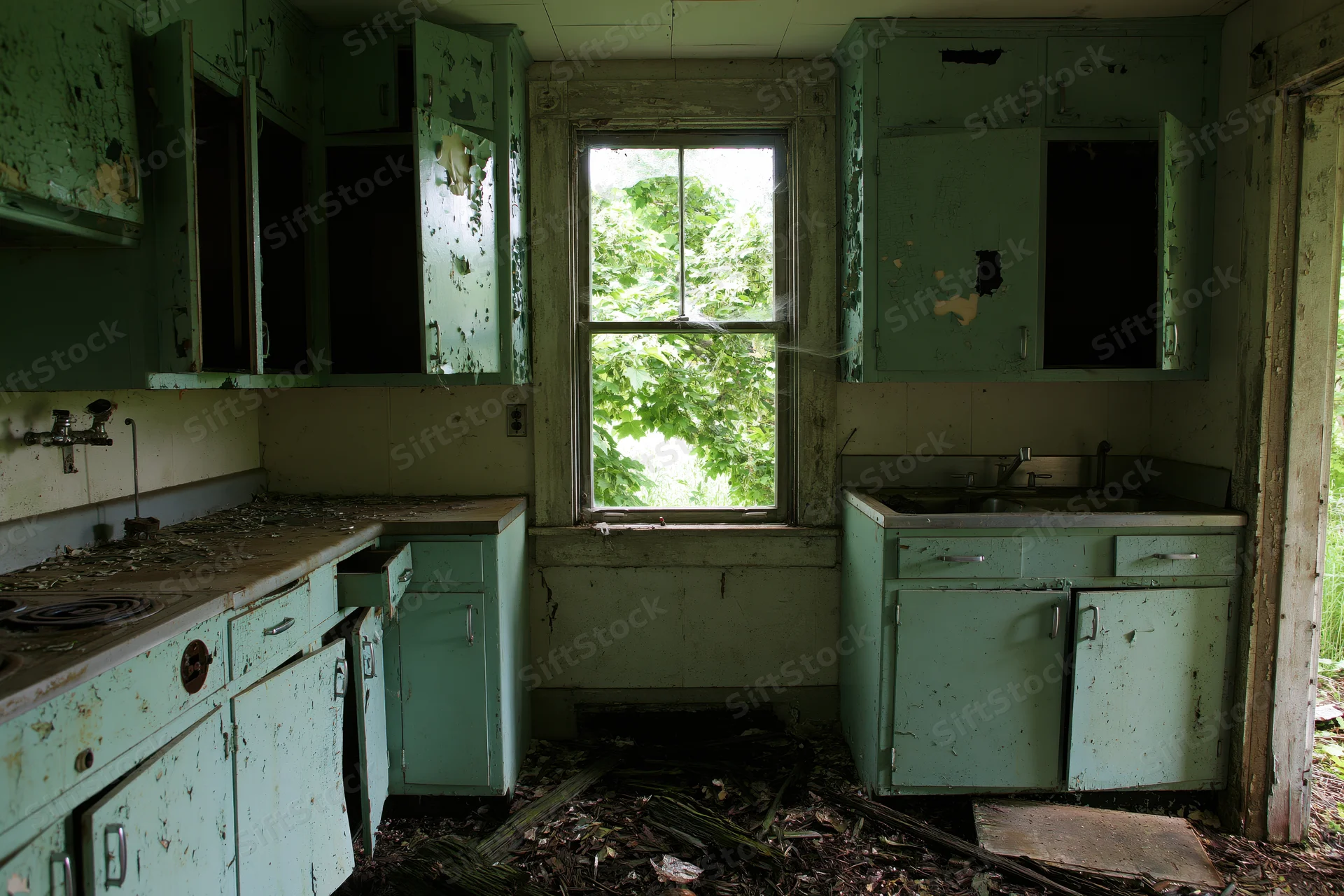Abandoned farmhouse kitchen interior with peeling green cabinets and debris on the floor