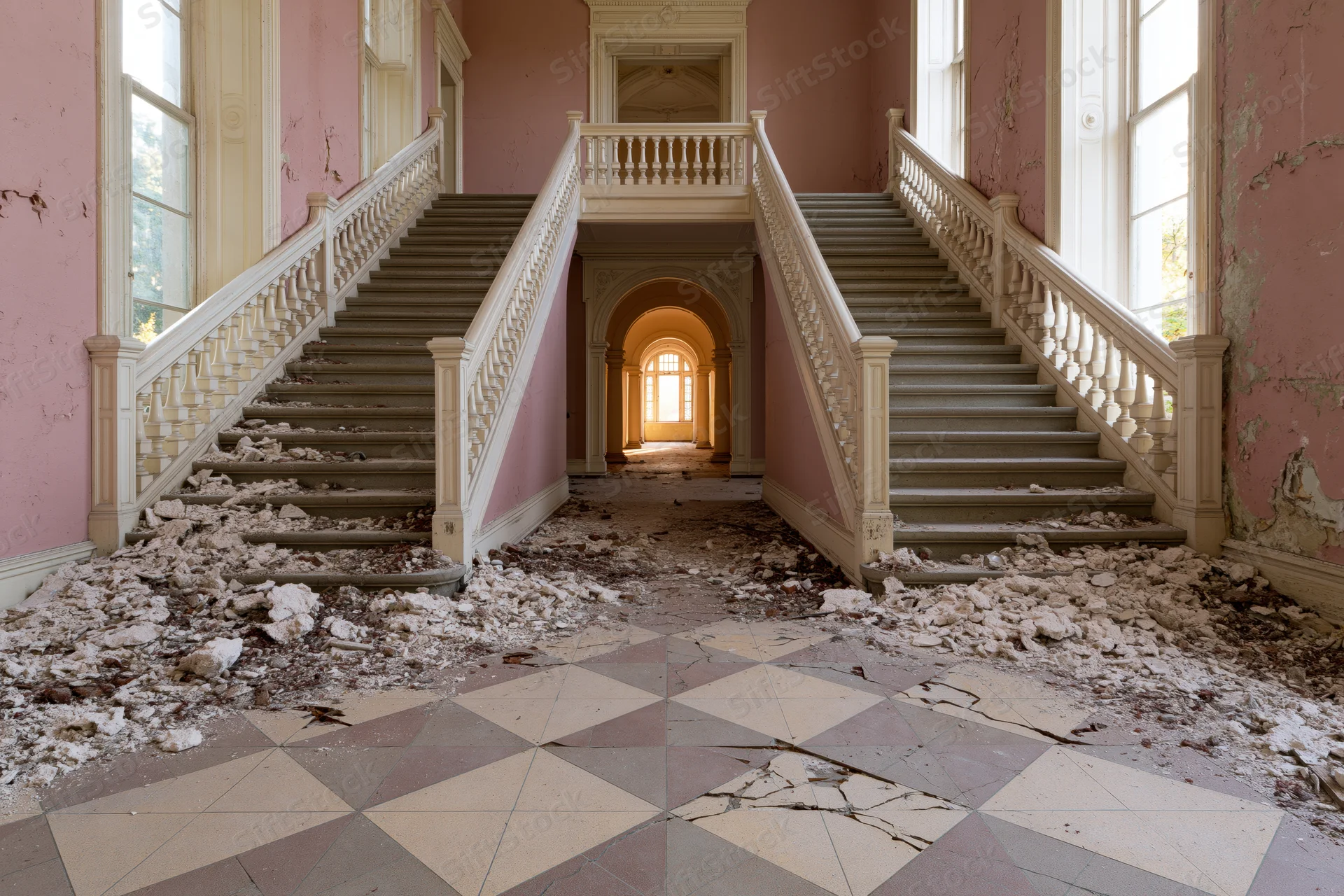 Abandoned grand mansion foyer with symmetrical twin staircases and debris on checkered tile floor
