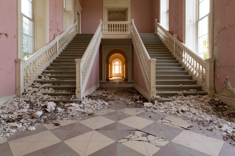 Abandoned grand mansion foyer with symmetrical twin staircases and debris on checkered tile floor