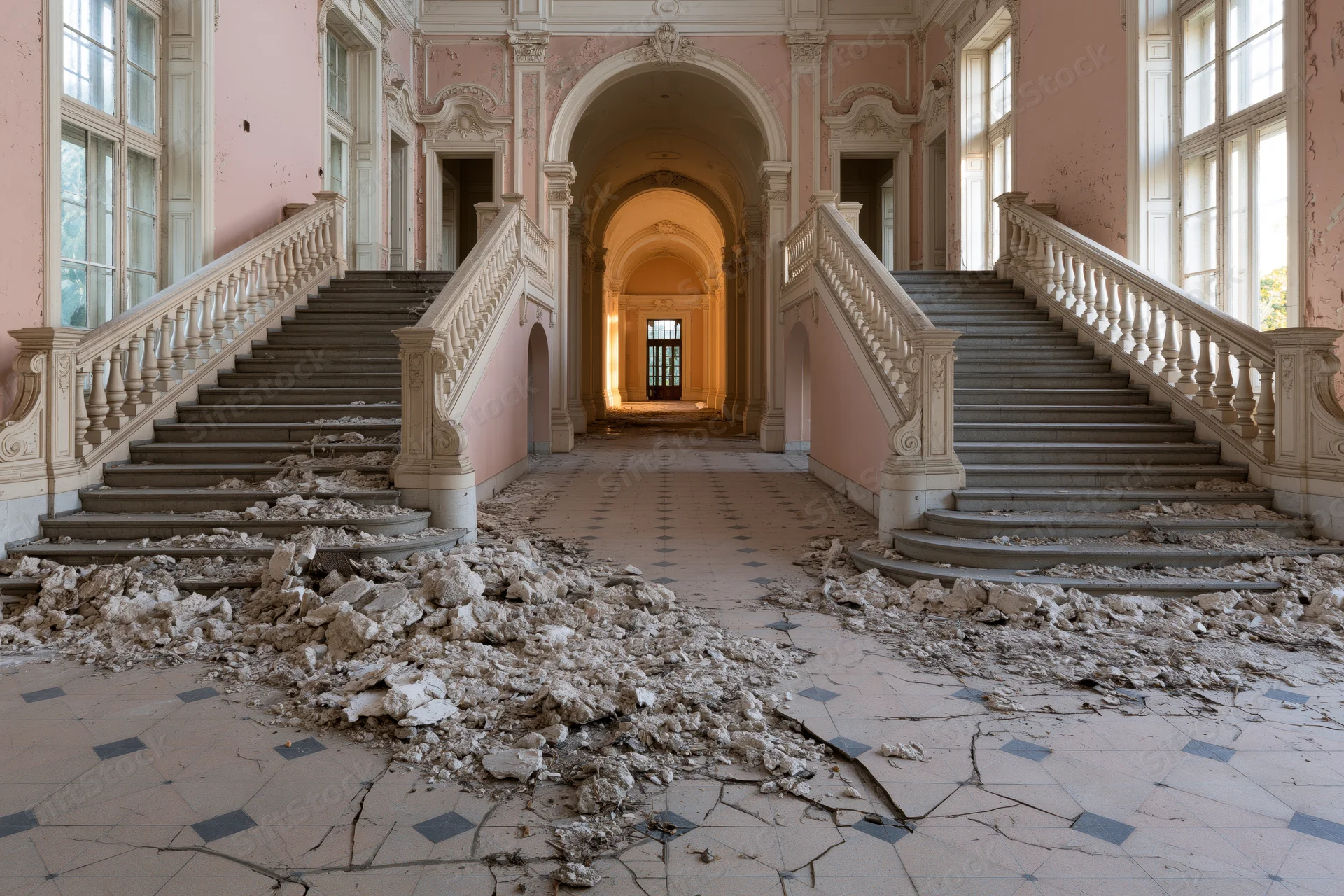 Abandoned grand mansion foyer with symmetrical twin staircases and debris on tiled floor