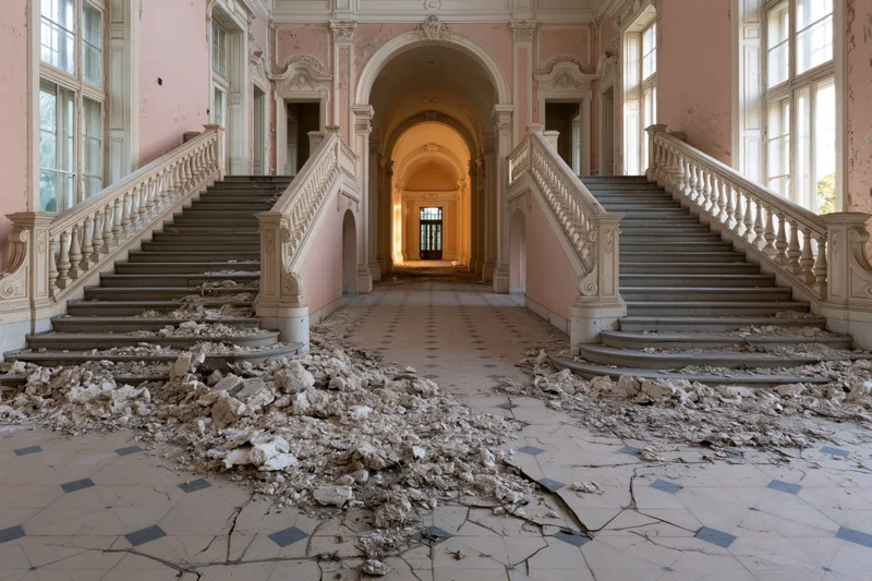 Abandoned grand mansion foyer with symmetrical twin staircases and debris on tiled floor