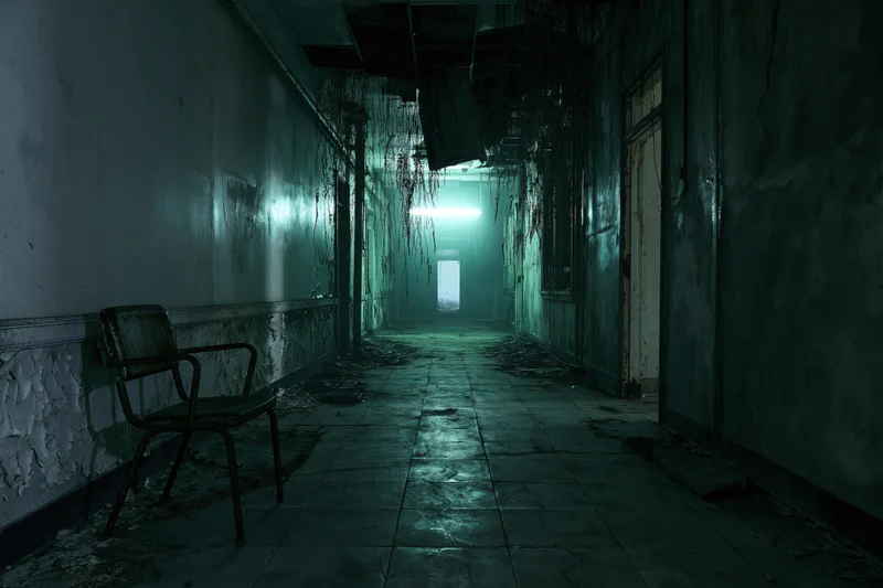 Long abandoned hospital corridor with peeling walls and a rusted chair under dim green light