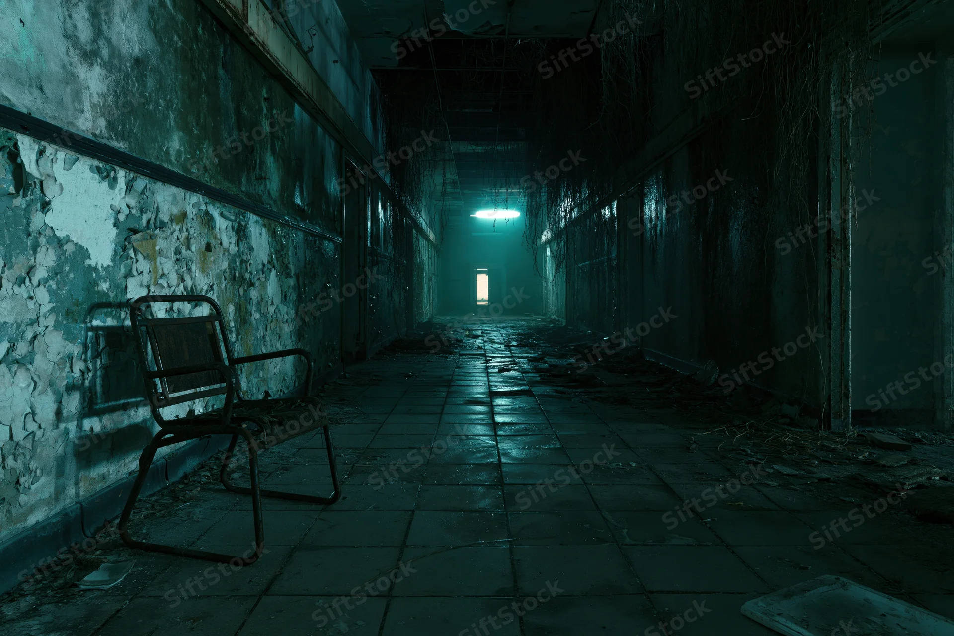 Long abandoned hospital corridor with peeling walls and a single fluorescent light at the end