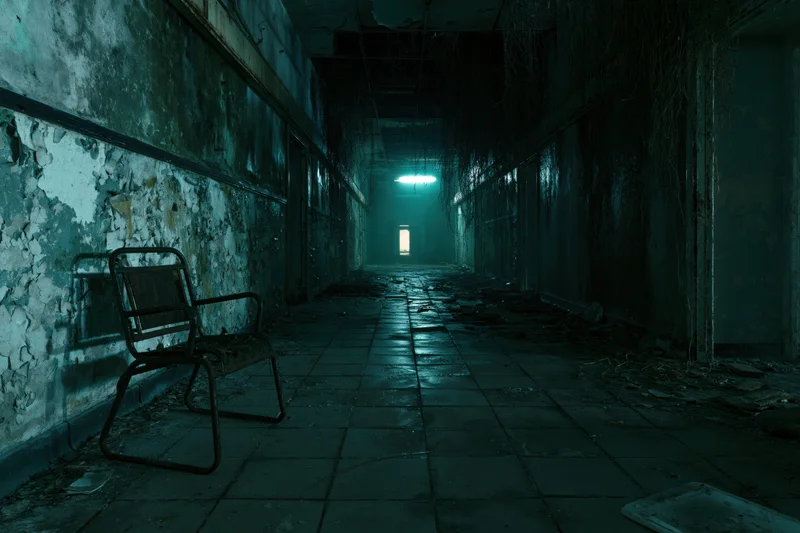 Long abandoned hospital corridor with peeling walls and a single fluorescent light at the end