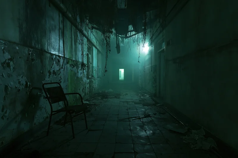 Long abandoned hospital corridor with peeling walls and a rusted chair in dim light
