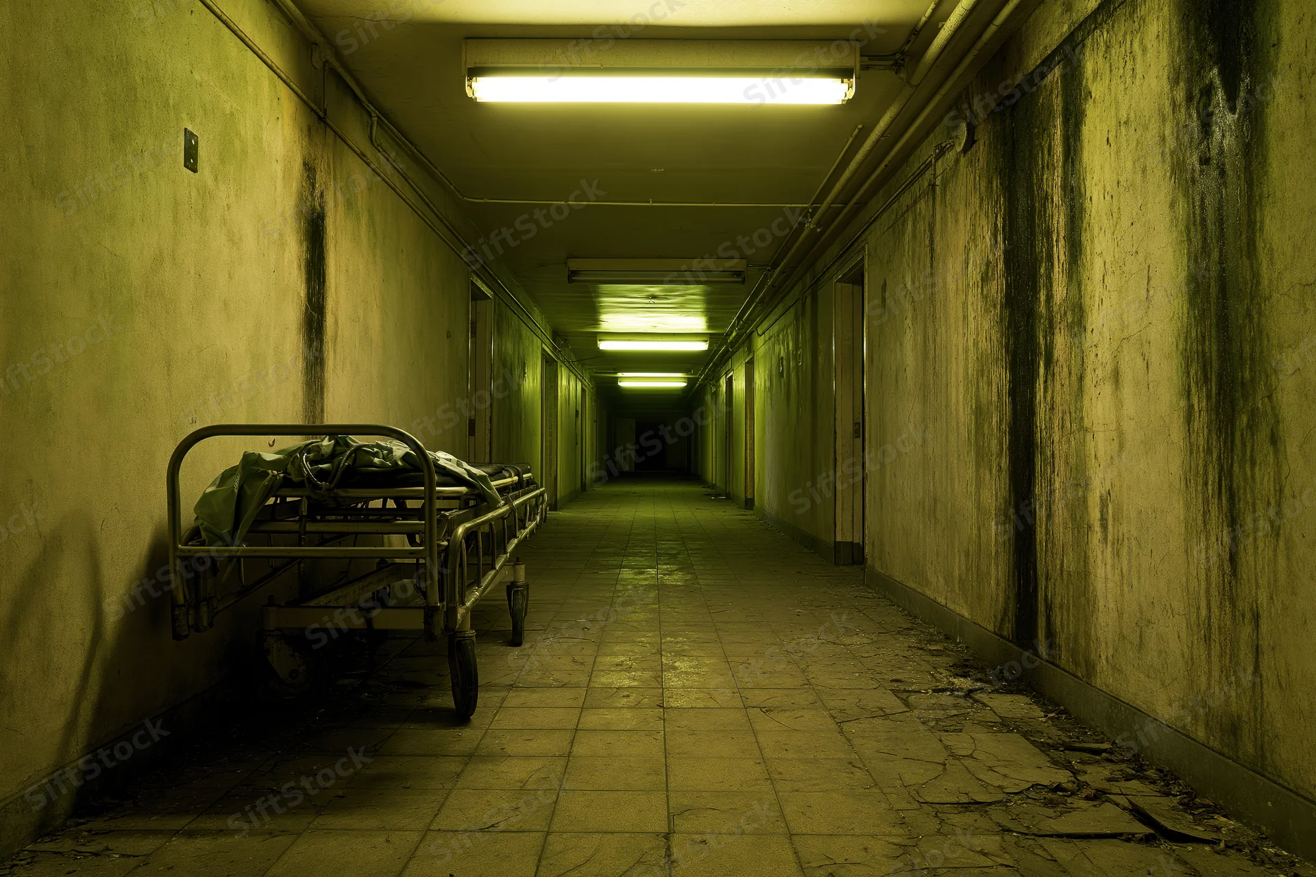Abandoned hospital corridor with a gurney against the wall, dimly lit by fluorescent tubes stretching into darkness
