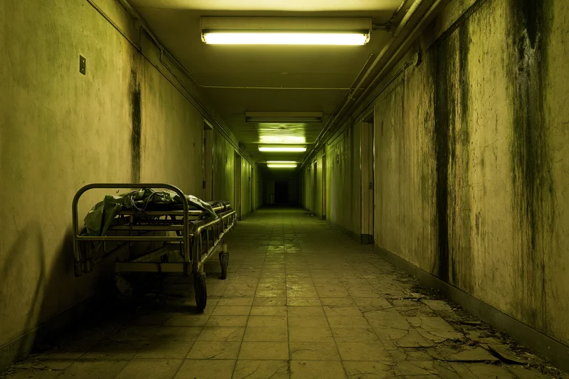 Abandoned hospital corridor with a gurney against the wall, dimly lit by fluorescent tubes stretching into darkness