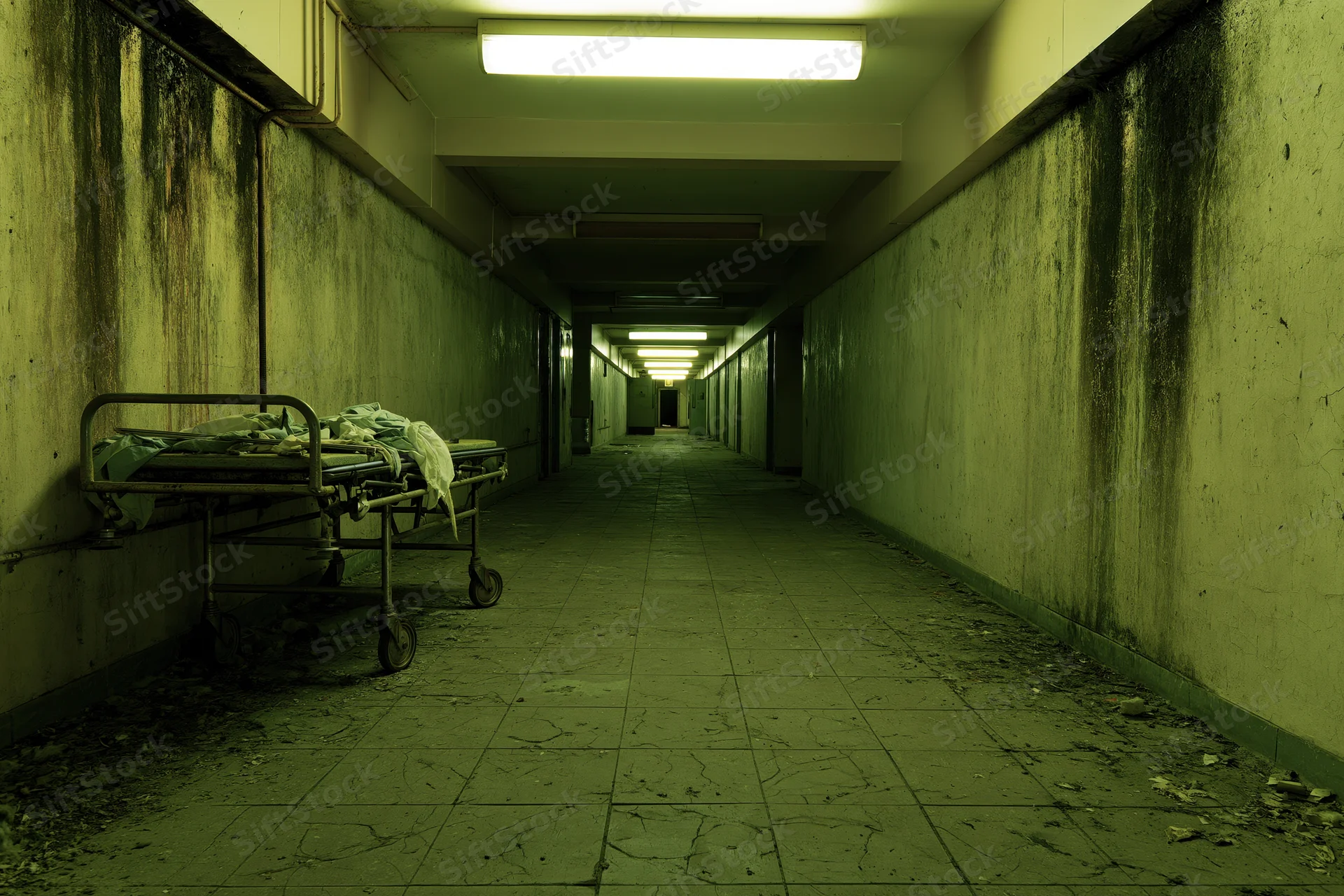 Long abandoned hospital corridor with a dirty gurney against a grimy wall under dim green fluorescent lights