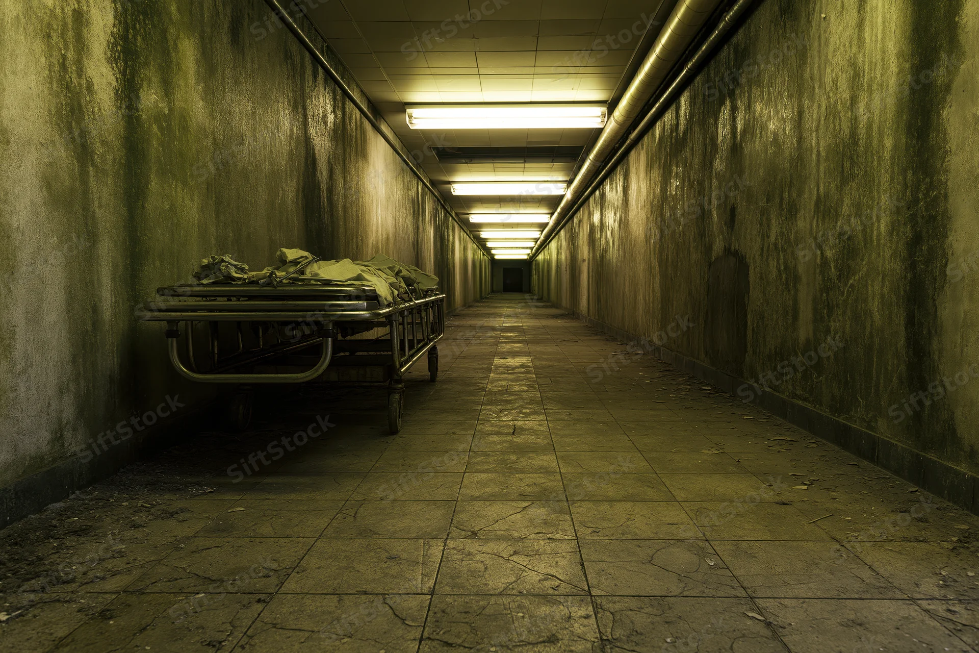 Abandoned hospital corridor with a dirty stretcher against a grimy wall, dimly lit by fluorescent lights stretching into darkness