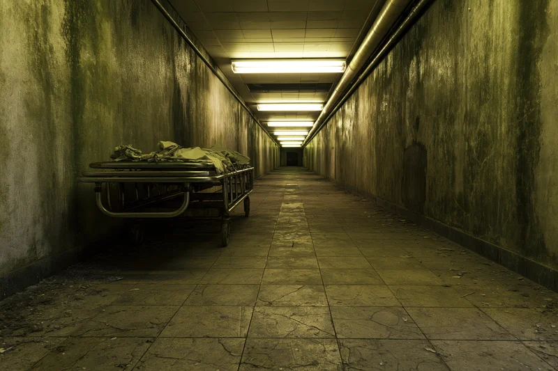 Abandoned hospital corridor with a dirty stretcher against a grimy wall, dimly lit by fluorescent lights stretching into darkness
