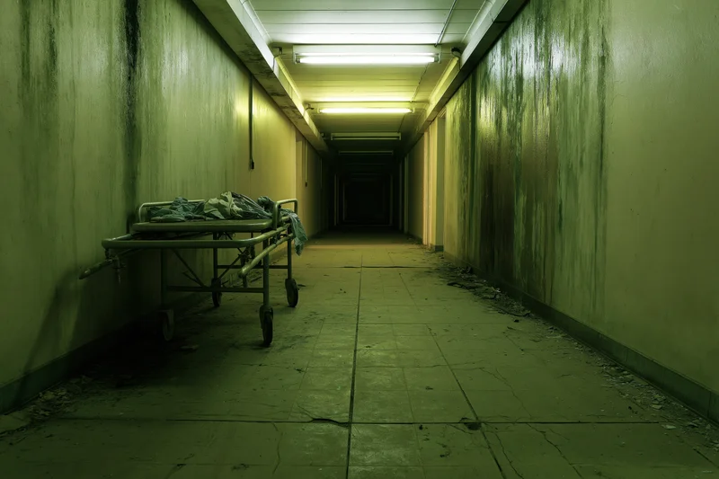 Abandoned hospital corridor with a gurney against a grimy wall under dim fluorescent lights