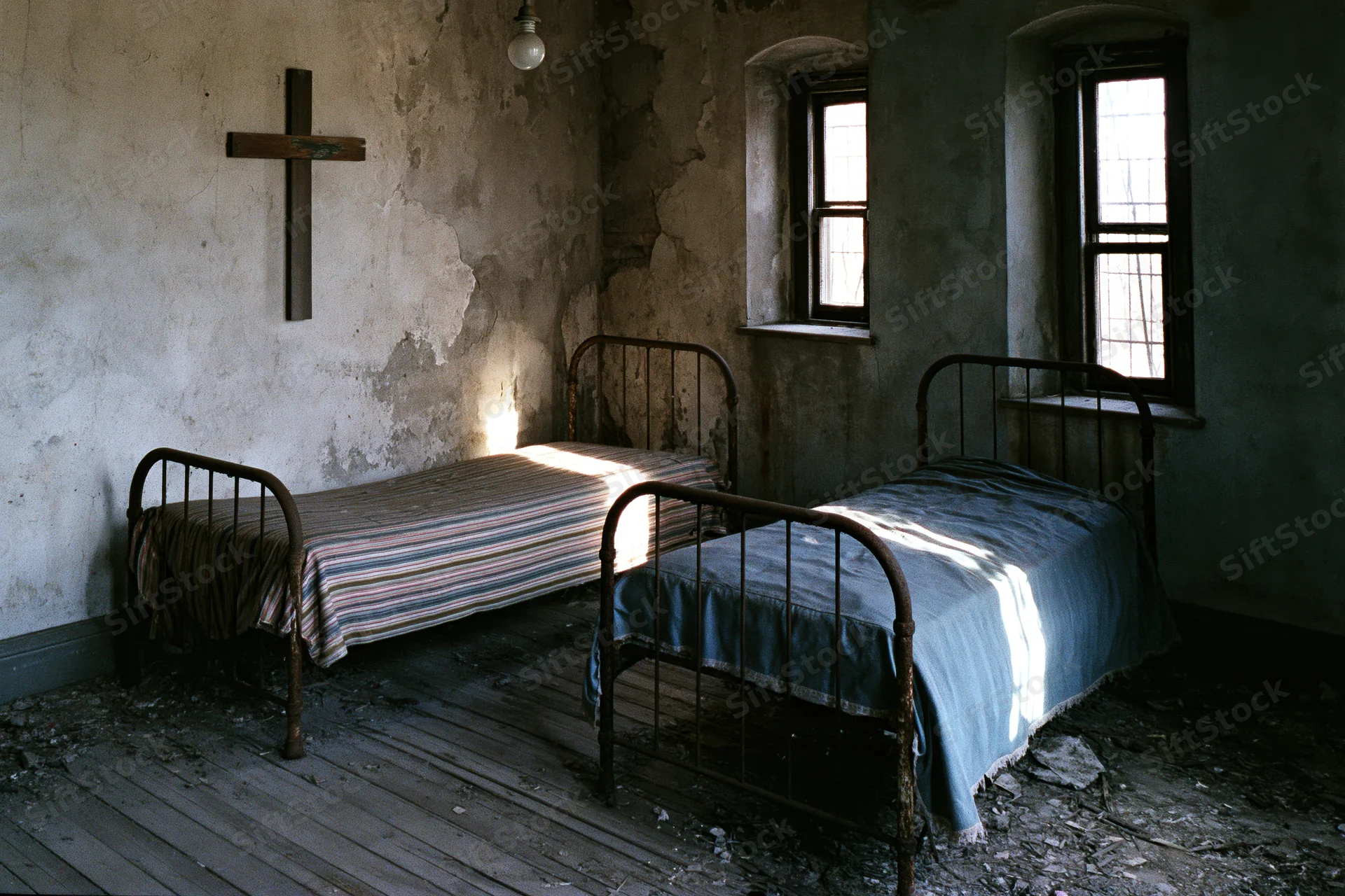 Two rusted iron beds in a derelict hospital room with peeling walls and a wooden cross