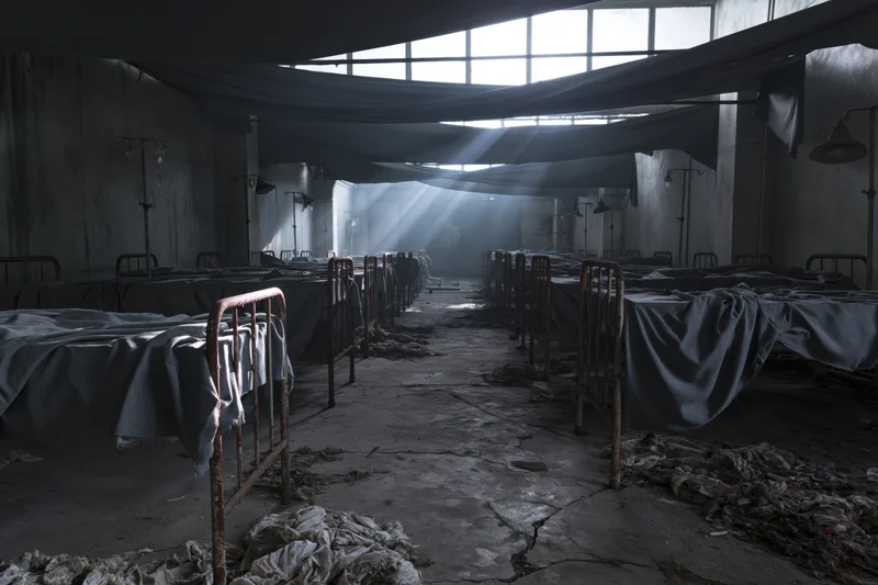 Rows of rusted metal beds in an abandoned hospital ward with light streaming through high windows