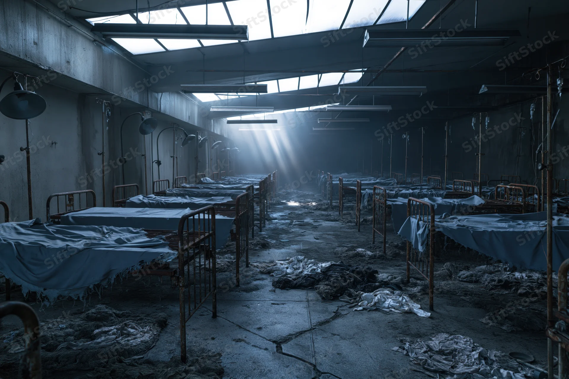Rows of rusted metal beds in an abandoned hospital ward with broken skylights and scattered debris on the floor