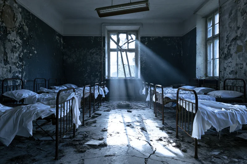 Rows of metal beds in a dilapidated hospital ward with sunlight streaming through broken windows