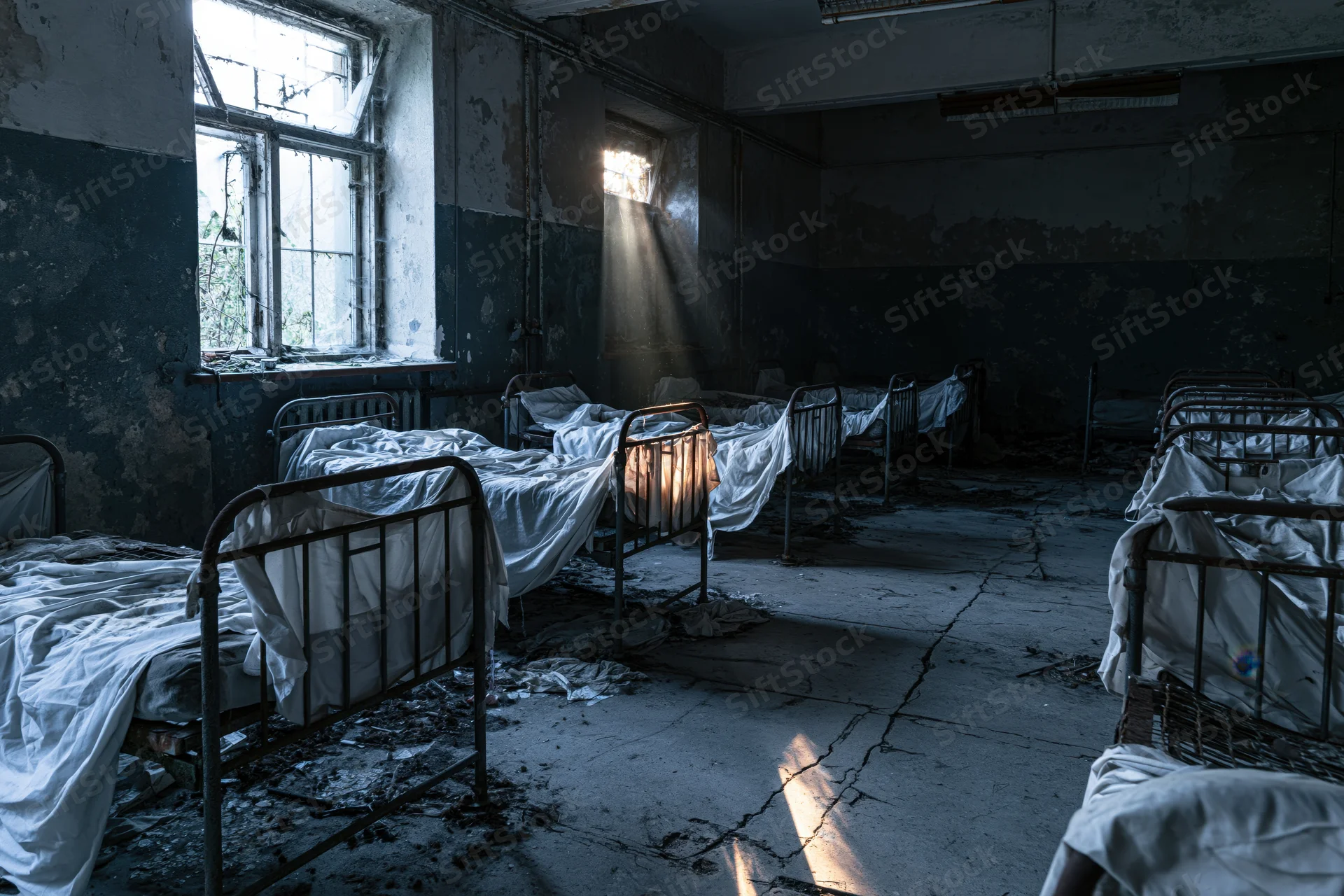 Rows of metal beds in an abandoned hospital ward with sunlight streaming through broken windows