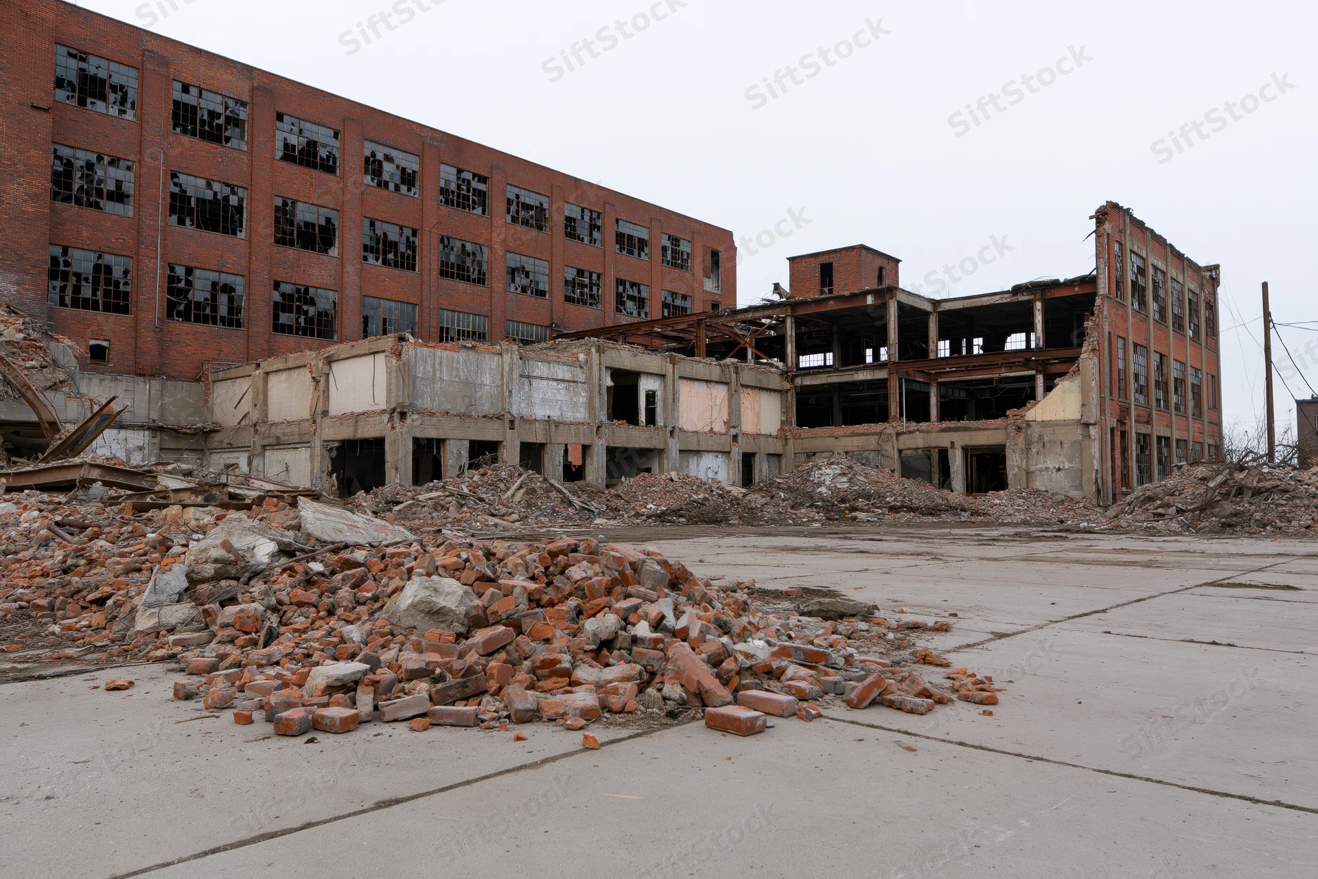 Abandoned industrial factory complex mid-demolition with piles of rubble and broken brick walls under overcast sky