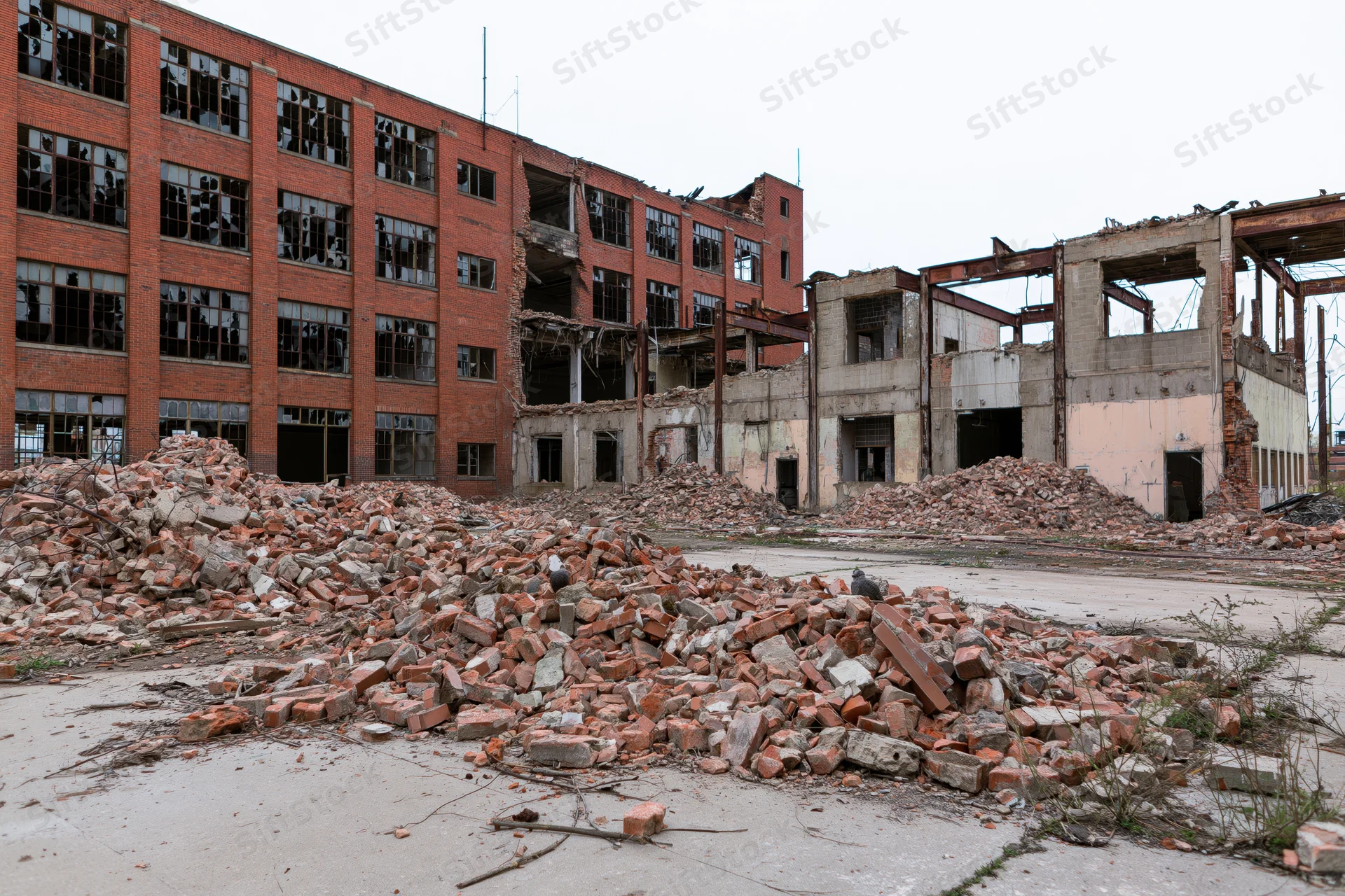 Damaged industrial factory building with rubble piles and broken windows during demolition