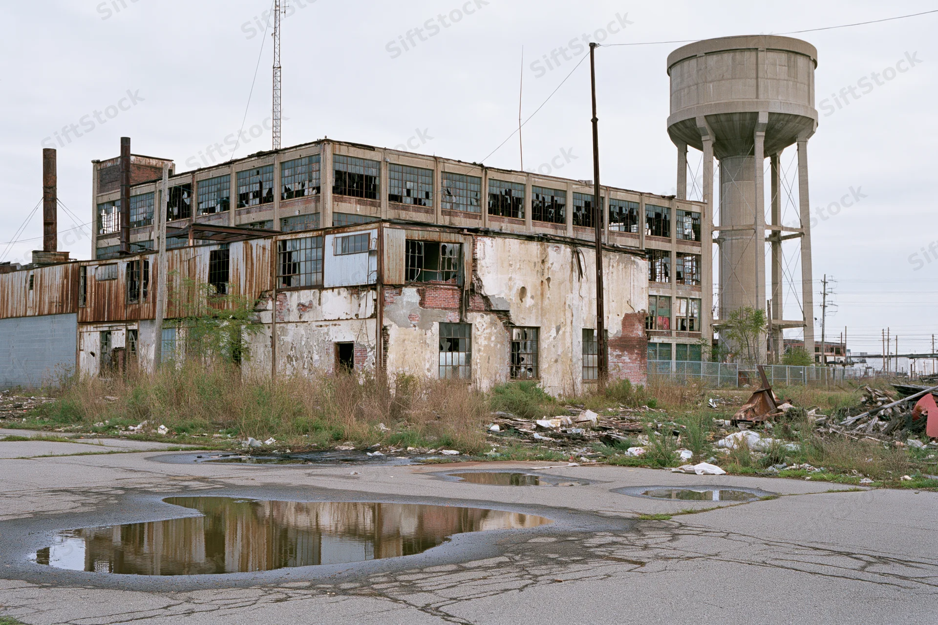 Abandoned industrial factory complex with crumbling multi-story building and water tower, overgrown with weeds and puddles on cracked pavement