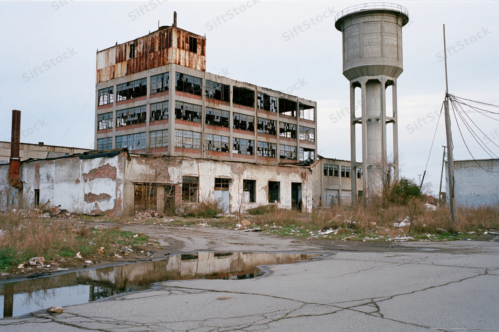 Abandoned industrial factory complex with crumbling multi-story building and water tower, overgrown with weeds and cracked pavement, puddle reflecting the structure