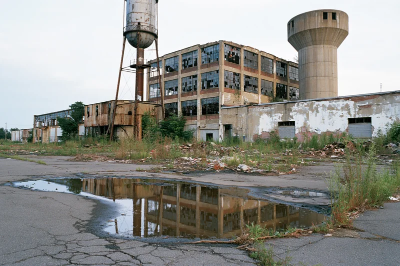 Abandoned industrial factory complex with crumbling buildings and water towers, overgrown with weeds and reflecting in a puddle on cracked pavement