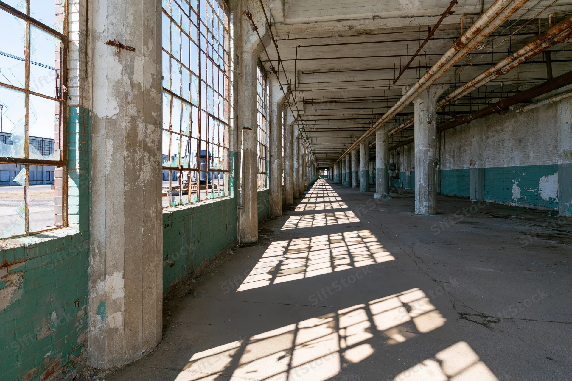 Long empty corridor in abandoned factory with sunlight streaming through large windows casting grid shadows on concrete floor