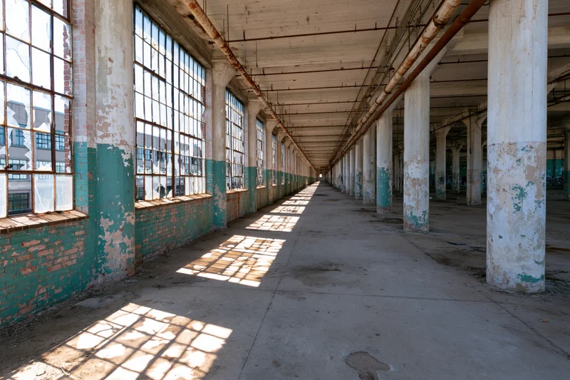 Long empty corridor in abandoned industrial factory with sunlight through large windows casting grid shadows on concrete floor