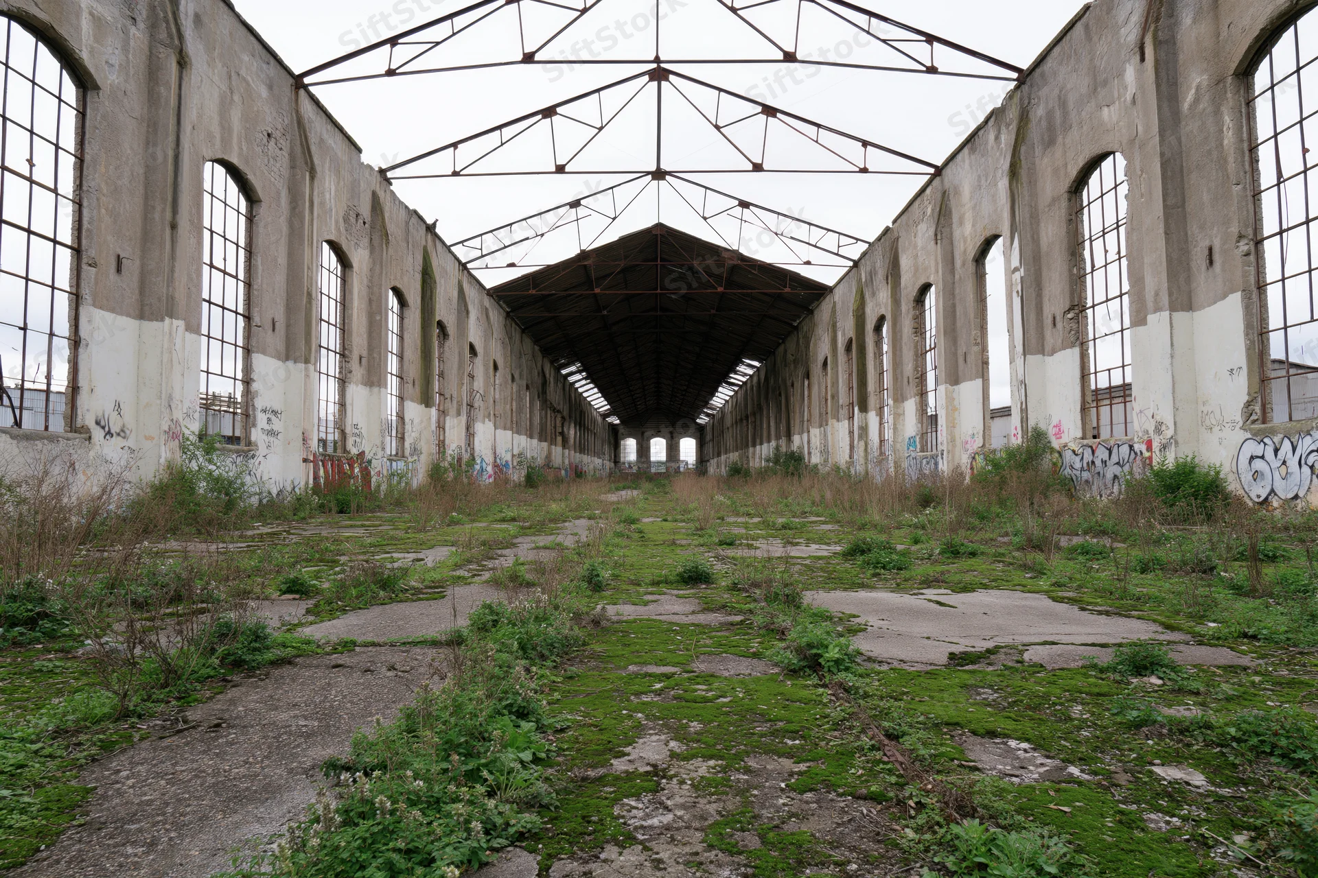 Long symmetrical view of abandoned industrial factory hall interior with overgrown vegetation and graffiti on concrete walls